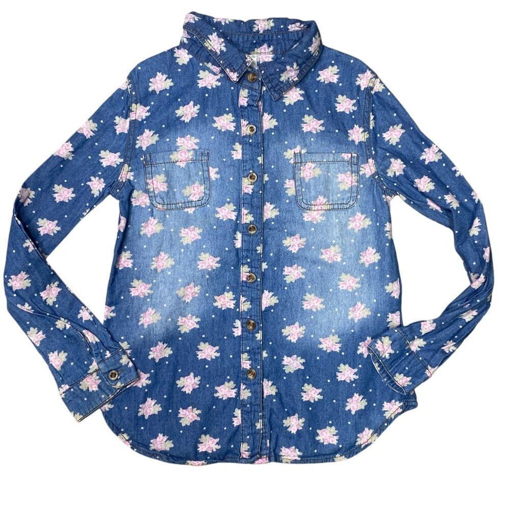 Cherokee Long Sleeve Floral Denim Button Down Size Medium 7/8